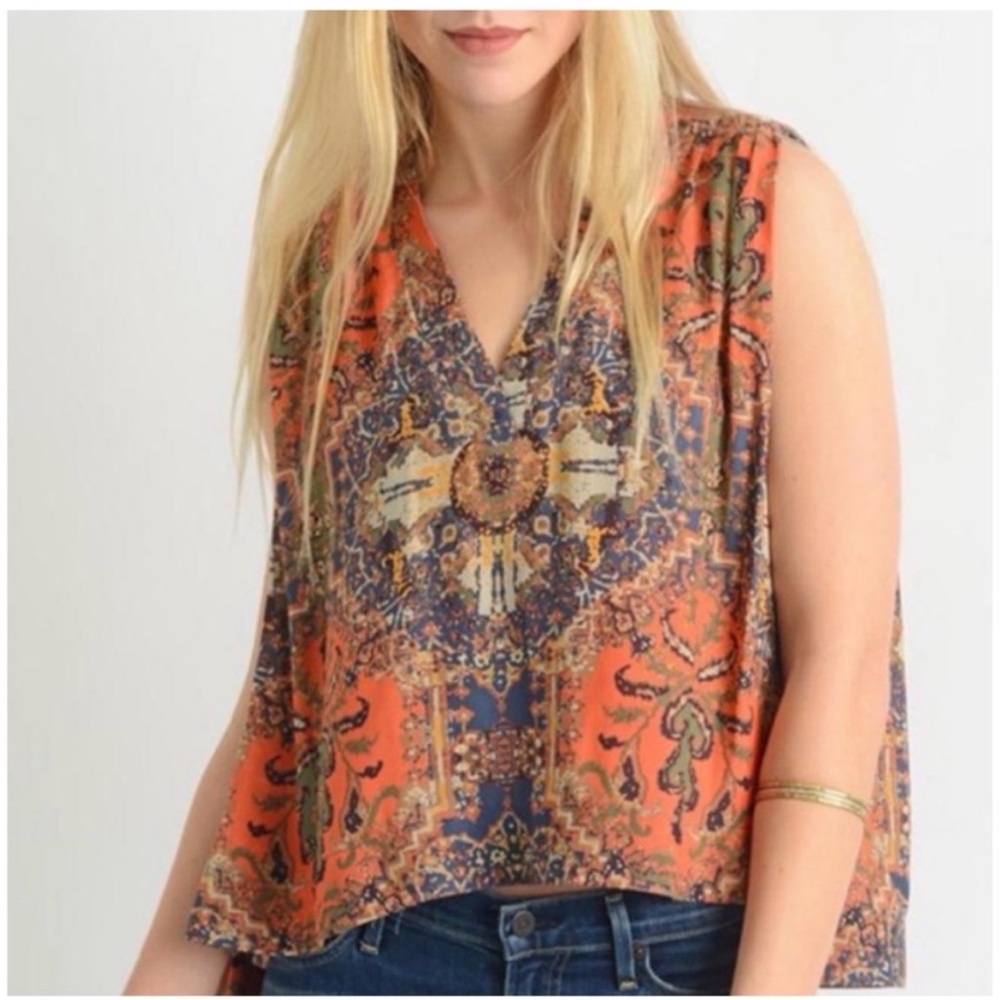 Free People Darcy India Tapestry Print Sleeveless Blouse   XS boho Indie grunge